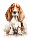 Sitting Basset Hound with Droopy Eyes Watercolor Illustration AI Generated