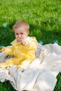 Sitting on a blanket in the park, a little boy bursts bubbles