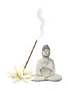 Sitting Buddha with Lotus flower aroma burning stick stand watercolor illustration. Indian incense stick holder Royalty Free Stock Photo