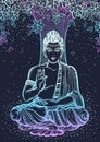 Sitting Buddha over the Bodhi Tree. Graphic high-quality vector illustration in neon colors. Spiritual and religious motives.