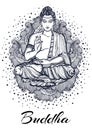 Sitting Buddha over high-detailed floral elements. Hand-drawn beautiful vector art, graphic illustration isolated on white.