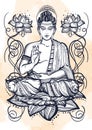 Sitting Buddha over lotus flowers. Hand-drawn beautiful vector art, graphic illustration . Grange watercolor background