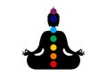 Sitting Buddha silhouette in meditation with chakras. Seven chakras, energy body and Yogi meditating in the lotus position