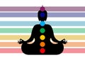 Sitting Buddha silhouette in meditation with chakras. Seven chakras striped of colors, energy body and Yogi meditating