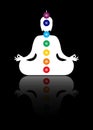 Sitting Buddha silhouette in meditation with chakras. Seven chakras, energy body and Yogi meditating in the lotus position Royalty Free Stock Photo