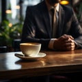 Sitting businessman with aromatic coffee on a wooden table, saucer