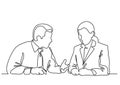 Sitting businessman and business woman discussing work process - continuous line drawing