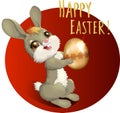 Sitting cartoon Easter Bunny holding a gold egg