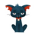 Sitting Cat with Fangs and Collar with Skull as Halloween Character Vector Illustration
