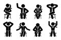 Sitting on chair stick figure business man and woman different poses pictogram vector icon set. Boy and girl happy, sad, tired