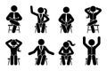 Sitting on chair stick figure business man and woman different poses pictogram vector icon set Royalty Free Stock Photo