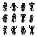 Sitting on chair stick figure woman different poses pictogram vector icon set. Girl silhouette seated happy, comfy, sad, tired