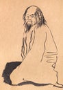 Sitting chinese old man hand drawn in sumi-e style