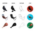 Sitting crow, horn with drink, ham, victory flag. Vikings set collection icons in cartoon,black,outline,flat style