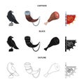 Sitting crow, horn with drink, ham, victory flag. Vikings set collection icons in cartoon,black,outline style vector