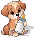 Sitting Cute Puppy with Baby Bottle