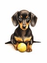 Sitting Dachshund Playing with a Ball in Watercolor Style AI Generated