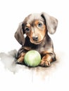 Sitting Dachshund Playing with a Ball in Watercolor Style AI Generated