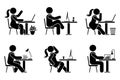 Sitting at desk with computer at work office stick figure business man and woman side view poses pictogram vector icon set Royalty Free Stock Photo