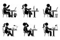Sitting at desk office stick figure business man and woman side view poses pictogram silhouette vector icon work set Royalty Free Stock Photo