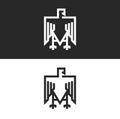 Sitting eagle logo heraldic symbol in the Germanic style, bird of prey in simple black and white lines. Minimal design