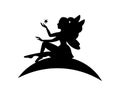 Sitting fairy silhouette. Magical fairy logo. Mythical tale character. Little creature with wings in dress