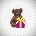 Sitting fluffy cute brown teddy bear with purple gift box with yellow bow. Children`s toy isolated on transparent background. Royalty Free Stock Photo