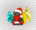 Sitting fluffy cute brown teddy bear toy with christmas santa claus hat and red long scarf. Children`s toy isolated on transparen Royalty Free Stock Photo