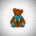 Sitting fluffy cute red brown or rufous teddy bear with bright blue ribbon or bow. Children`s toy isolated on transparent Royalty Free Stock Photo