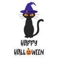 Sitting frowning black cat in a magic hat. Font text - Happy Halloween. A postcard with typescript lettering. Flat cartoon vector Royalty Free Stock Photo
