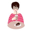 Sitting girl with glass of coffee mocha with chocolate cake. Cute brunette in glasses. Vector illustration in flat style