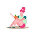 Sitting Girl Holds Apple Flat Vector Illustration