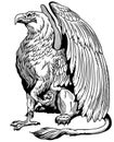 Sitting Griffin or Griffon. Side view. Black and white. Royalty Free Stock Photo