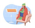 Sitting at heater at home 2D vector isolated illustration