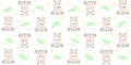 Kids seamless pattern with cute sitting hippos, green twigs and small yellow stars on a white background