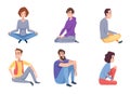 Sitting knees. People male and female sitting on floor different poses exact vector cartoon people Royalty Free Stock Photo