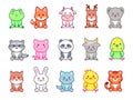 Sitting little animals. Kawaii zoo characters, cute animal with happy smile vector set