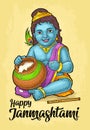Sitting lord Krishna for poster Happy Janmashtami festival. Engraving