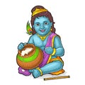 Sitting lord Krishna for poster Happy Janmashtami festival. Engraving Royalty Free Stock Photo