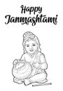 Sitting lord Krishna for poster Happy Janmashtami festival. Engraving Royalty Free Stock Photo