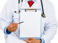 sitting male doctor holding a blank clipboard