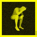 Sitting man. 3D Human Body Model. Black and yellow grainy design. Stippled vector illustration