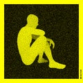 Sitting man. 3D Human Body Model. Black and yellow grainy design. Stippled vector illustration