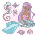 SITTING MERMAID Princess Sea Animal Vector Illustration Set