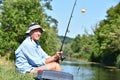 Sitting Old Retiree Male Fisherman With Fishing Rod Outdoors