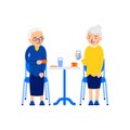 Sitting old woman. Two older women sit at table and drink coffee or tea. Elderly drinking coffee. Old friendships. Illustration