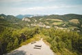 Sitting overlooking the railway tunnels and viaducts in Semmering, Styria, Austria. Kalte Rinne Viaduct. Historical monument that