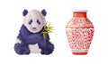 Sitting Panda Bear and Porcelain Vase with Ornament as Traditional Cultural Chinese Symbol Vector Set