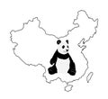 Sitting panda vector illustration on China map contour silhouette isolated on white background.