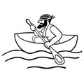 Sitting pirate in a boat. Refugee, sailor in a sea trip, oarsman. Rowing, boating design for posters, prints, sites, web, articles